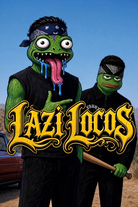 Two green Pepe-style frogs wearing black bandanas and dark clothing pose with a baseball bat in a desert setting, with the stylized gold text "LAZI LOCOS" displayed prominently across the foreground, visually reinforcing the post's "LAZI" ticker and gritty, community-driven morning grind mentality.