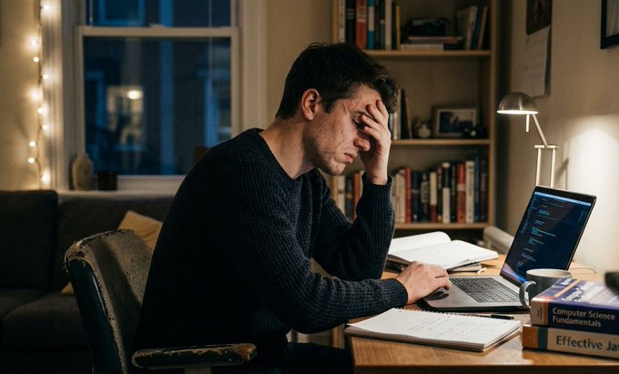 The image shows a man sitting at a desk with his head down while working on a laptop computer. He appears to be focused on something or someone outside of the frame. The background features a bookshelf filled with various books, suggesting that he might be studying or researching for an assignment.