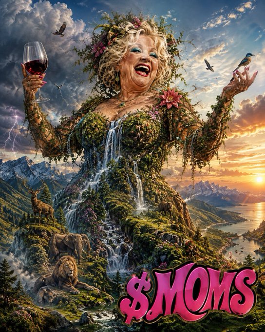 An AI-generated artistic poster featuring a joyful woman made of earth, flowers, and waterfalls holding a wine glass, with '$MOMS' in pink text at the bottom.