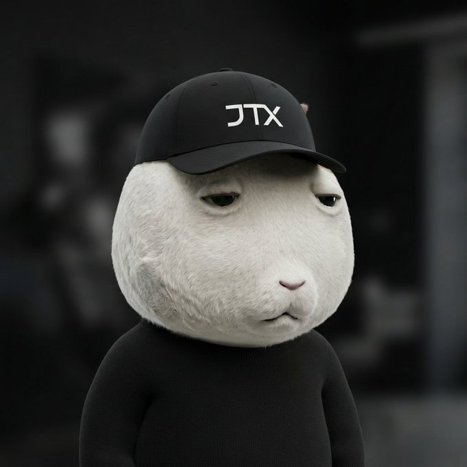 A 3D rendered anthropomorphic white cat wearing a black baseball cap with 'JTX' lettering and a black sweater, looking downward with a melancholy expression.