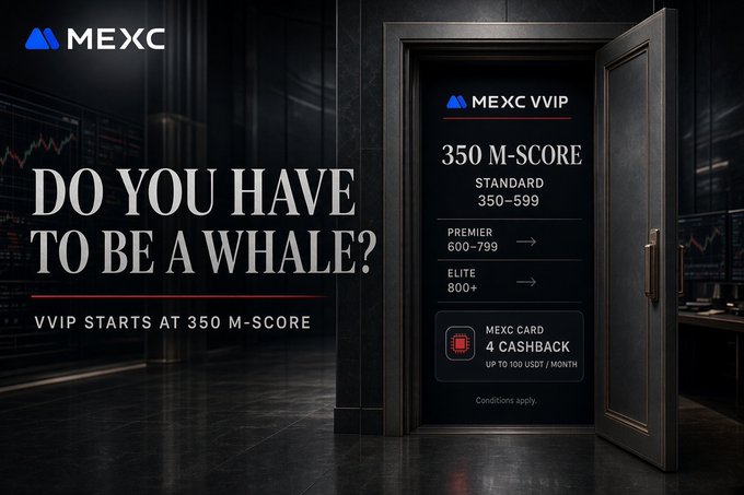 MEXC exchange promotional graphic with the text 'DO YOU HAVE TO BE A WHALE? VVIP STARTS AT 350 M-SCORE,' detailing tier benefits for Standard, Premier, and Elite membership levels alongside an illustration of a vault.