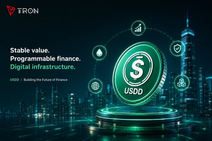 A promotional graphic for TRON's USDD stablecoin featuring the text 'Stable value. Programmable finance. Digital infrastructure.' with USDD building the future of finance, displayed against a futuristic city skyline background.