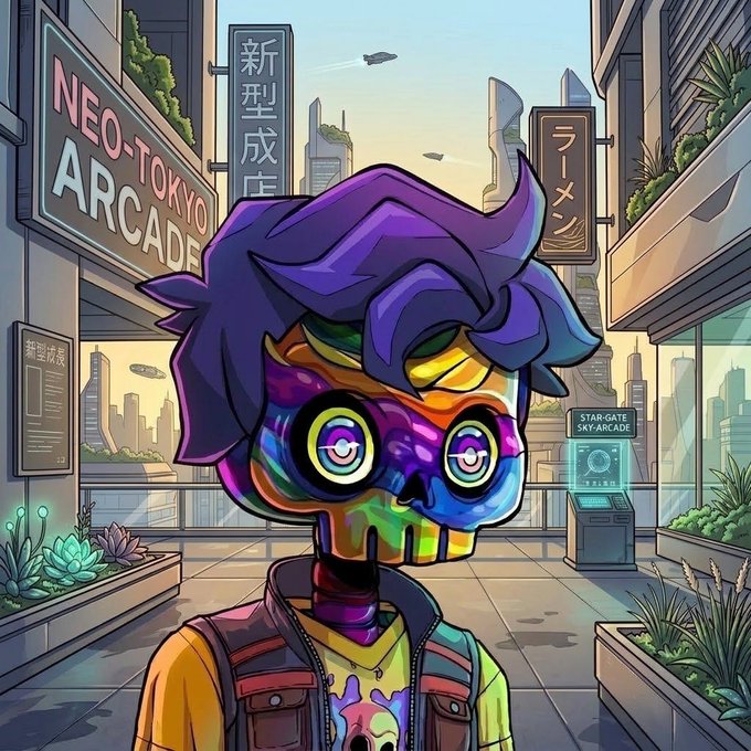 A vibrant digital illustration of a character with a rainbow-colored skull face and purple hair, set in a 'NEO-TOKYO ARCADE' futuristic cityscape with Japanese signage.