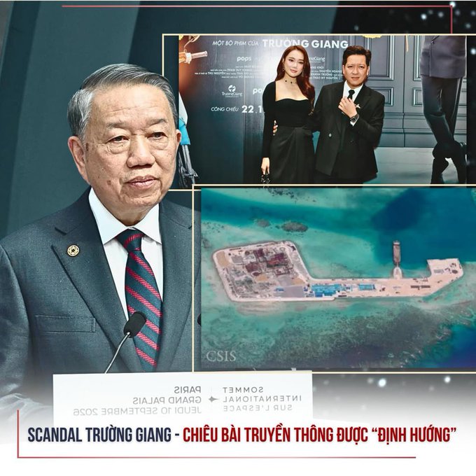The image is a Vietnamese news graphic featuring three panels: a close-up of an older man in a suit with a red and navy striped tie on the left, a photo of a man and woman posing together at what appears to be a film premiere event (with text "MỚI BỎ PHIM CỦA TRƯỜNG GIANG" and "CÔNG CHIẾU 22.1" visible) in the top right, and an aerial/satellite view of what appears to be a man-made island structure in turquoise waters (marked "CSIS") in the bottom right. The bottom banner reads "PARIS + SOMMET INTERPARTIAT + GRAND PALAIS 2 - 3 JUILLET 2025" and "SCANDAL TRƯỜNG GIANG - CHIÊU BÀI TRUYỀN THÔNG ĐƯC 'ĐỊNH H