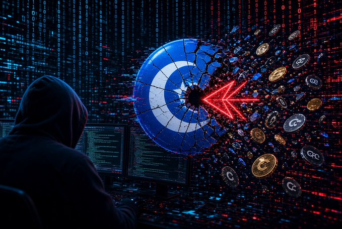 A hooded hacker at a computer screen appears to be attacking or shattering a blue cryptocurrency token with a red arrow, causing coins to fly out in a digital code-filled environment.