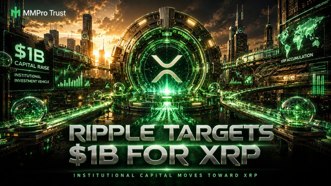 The image shows an advertisement featuring a futuristic cityscape with buildings of various sizes, as well as several balloons throughout the scene. The text accompanying the image reads "#XRP #Ripple targets $1B for XP...". This information suggests that Ripple, a cryptocurrency, is being targeted at raising capital to fund its projects.