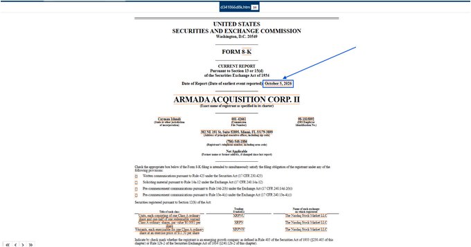 The image shows an SEC Form 8-K filing for Armada Acquisition Corp. II (ticker: XRPN), a Cayman Islands-based blank check company, with a Date of Report of October 5, 2026, matching the referenced filing. An arrow highlights the report date, and details indicate Item 1.01 (Entry into a Material Definitive Agreement) concerning a warrant agreement amendment with Continental Stock Transfer & Trust Company, supporting the post's description of the warrant amendment filing.