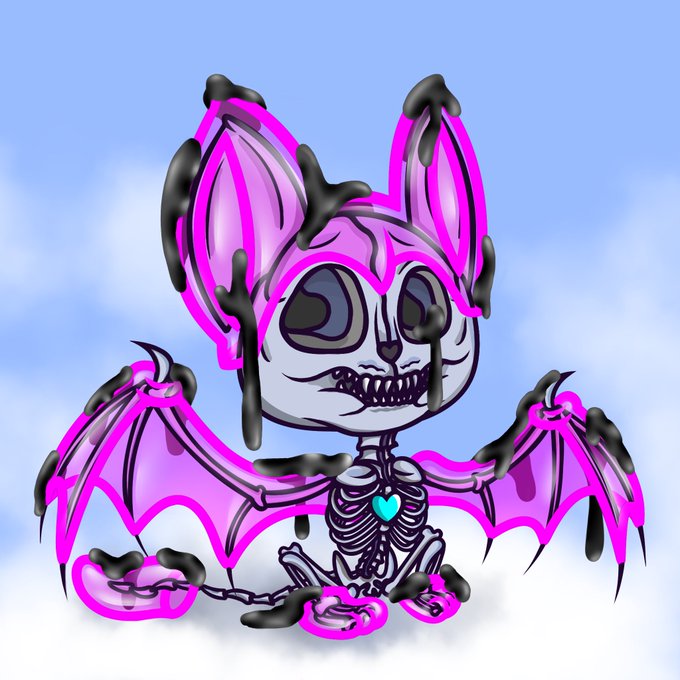 A neon pink-and-purple cartoon bat skeleton spreads its wings against a blue sky, with a turquoise heart glowing on its chest. The playful creature fits the “Sunday funday” mood and promotion of LeoneSpek’s newly minted drop.