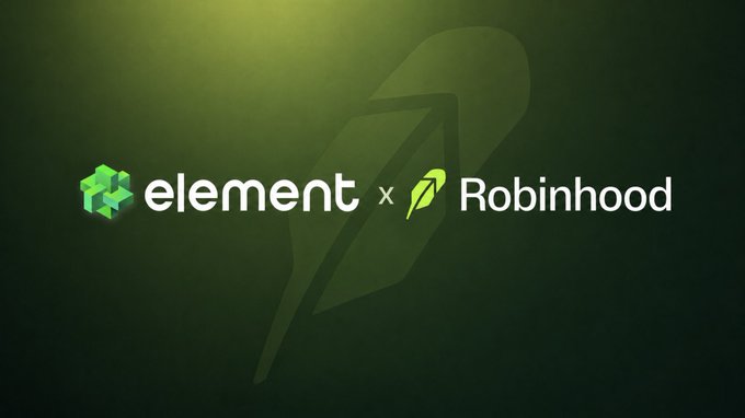 This image announces the integration of Element and Robinhood Chain, featuring their respective logos and the text "element x Robinhood".