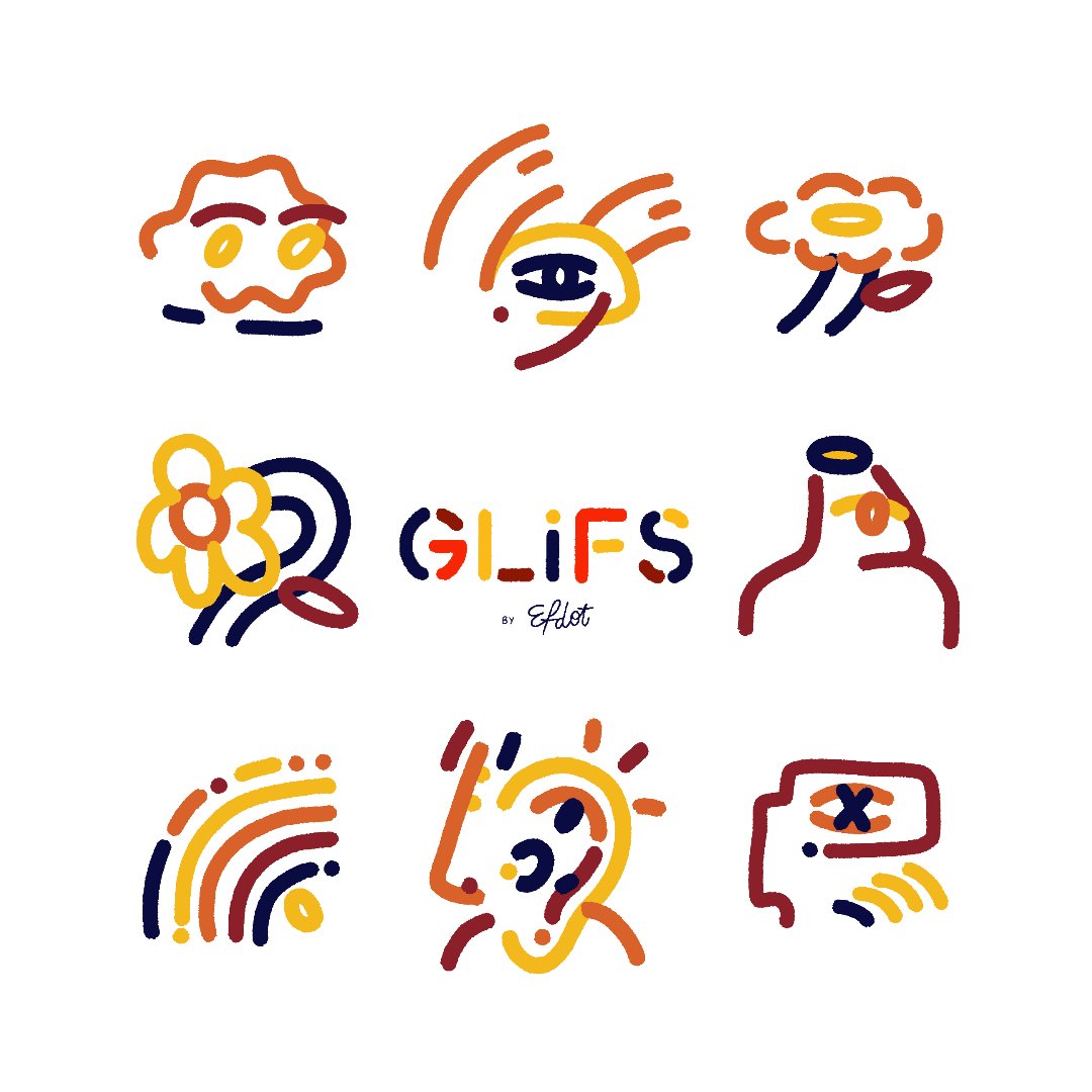 The image features a collection of nine different illustrations, each representing a unique element or concept related to the word "Glifs". These illustrations include various shapes, colors, and symbols that are associated with the Glifs brand. The post also includes text that reads "For the beauty of art by @EfdotStudio Are you playing with Glifs yet? If not begin here glifs.art", which is likely a reference to the artist who created these illustrations or an invitation for viewers to explore and appreciate the artwork.