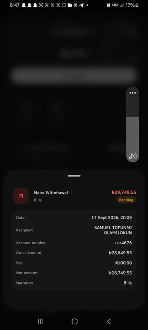 A mobile screenshot showing a pending Naira Withdrawal of ₦28,749.55 to account number 4678 belonging to SAMUEL TOFUNMI OLAMIJOLUN, marked as Bills.