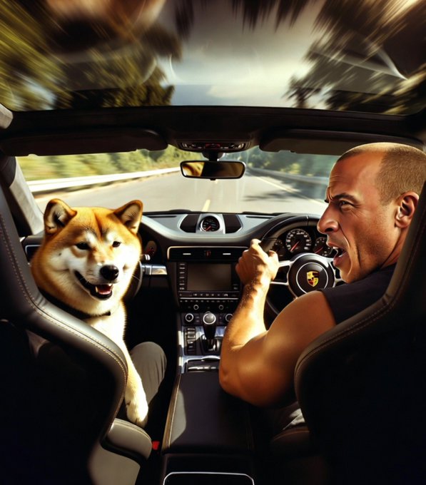 An AI-generated image showing a muscular, bald man resembling Vin Diesel aggressively driving a car while a smiling Shiba Inu dog sits in the passenger seat.