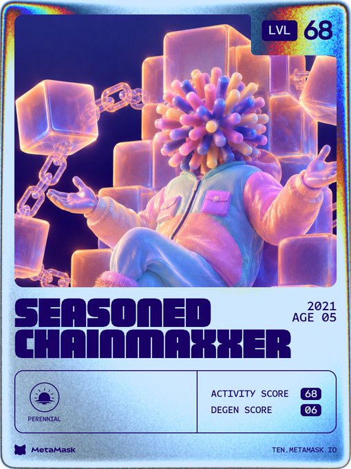 The image displays a holographic-style MetaMask collectible card featuring a character with a spiky multicolored head, surrounded by floating cubes and chains, labeled "SEASONED CHAINMAXKER" at level 68 with an activity score of 68, degen score of 06, age 05 (2021), categorized as "Perennial"—representing a user's 10-year onchain activity summary from MetaMask's anniversary feature at ten.metamask.io.