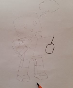 A simple pencil sketch on white paper showing a blocky, robot-like figure with a thought bubble above its head.