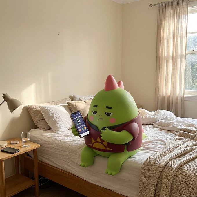 A green cartoon creature with a red crest sits on a bed in a sunlit bedroom, looking sadly at a smartphone displaying a chart, while holding its other hand to its chest.