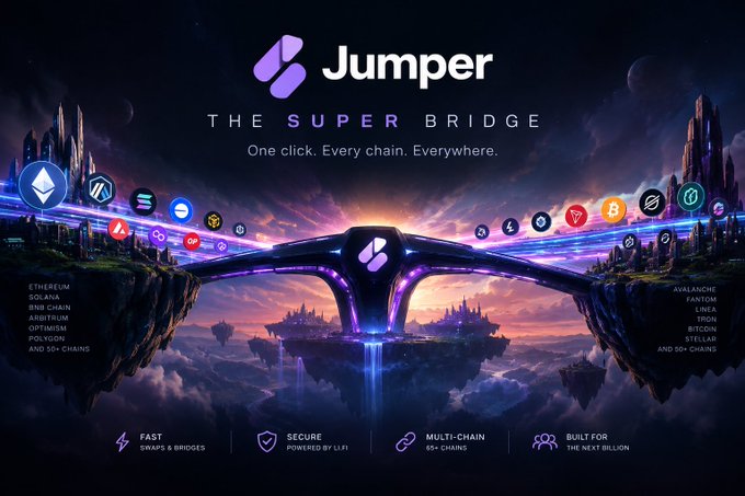 Promotional graphic for "Jumper - The Super Bridge" with the tagline "One click. Every chain. Everywhere," showing a futuristic bridge connecting Ethereum, Solana, BNB Chain, Arbitrum, Optimism, and 50+ chains on one side to Avalanche, Fantom, Celo, Tron, Bitcion, Stellar, and 50+ chains on the other, with features: Fast Swaps & Bridges, Secure Powered by LI.FI, Multi-Chain 50+ Chains, Built for the Next Billion.