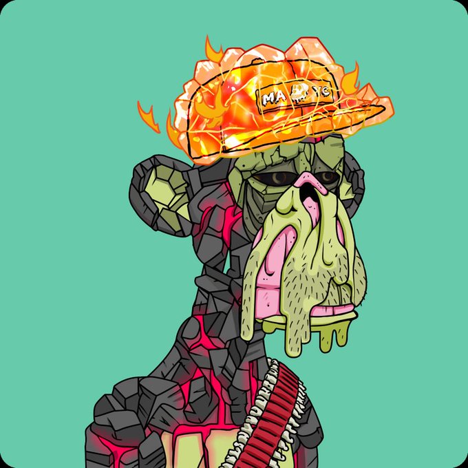 The image features a cartoon monkey wearing a hat with flames coming out of it, giving it an angry or aggressive appearance. The monkey also has a gun strapped around its neck, adding to its menacing look. The background of the image is green, which contrasts with the fiery elements on the monkey's hat and the gun. The caption "Show me a bored ape where every trait belongs" suggests that this particular cartoon character may have exaggerated features or traits in order to create an interesting and unique appearance for viewers.