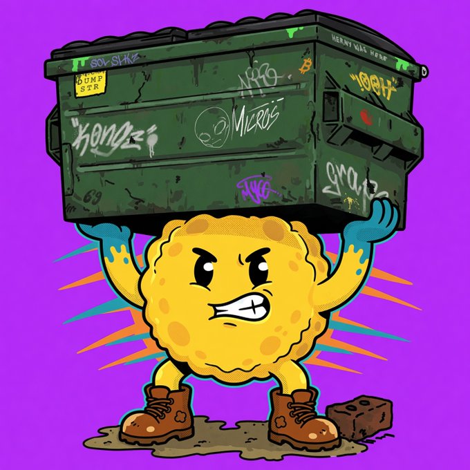 A cartoon illustration of an angry, anthropomorphic yellow cookie or biscuit character lifting a green graffiti-covered dumpster above its head against a bright purple background.