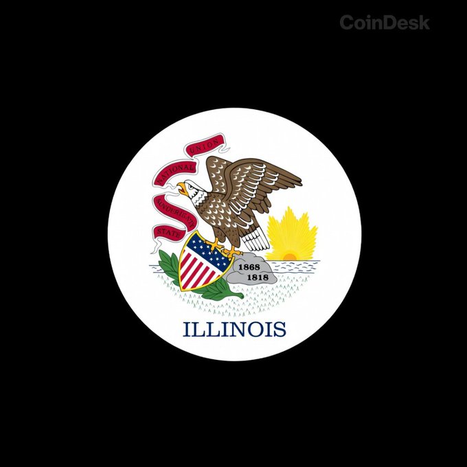 The image displays the circular Illinois state seal featuring a bald eagle perched on a shield with red and white stripes, holding a banner reading "State Sovereignty," set against a sunrise over a landscape, with the dates "1868 1818" and the word "ILLINOIS" prominently displayed. The seal visually represents the state government mentioned in the post regarding Illinois' newly released draft rules for its 0.2% Digital Asset Tax set to take effect January 1, 2027.