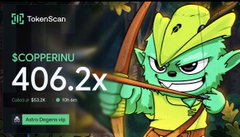 The image shows a TokenScan promotion highlighting $COPPERINU at a 406.2x multiplier with $83.26K collected and a 10-minute countdown timer, paired with a cartoon goblin/elf archer character. This visually reinforces the post's claim about trading Copperinu, a memecoin, as part of the user's Robinhood trading day profits.