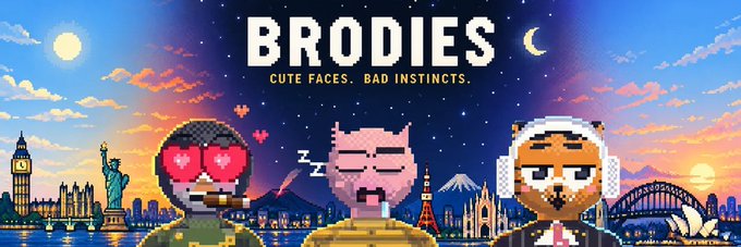 A promotional banner reading 'BRODIES CUTE FACES. BAD INSTINCTS.' featuring three pixel-art characters (one with heart eyes, one sleeping, one with headphones) against a backdrop of world landmarks including Big Ben, Statue of Liberty, Tokyo Tower, and the Sydney Opera House.