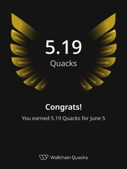 The image features an award for Quacks, which is a gold bird logo. The text at the bottom of the image reads "Congratulations! You earned 5.19 Quacks for June 5." This indicates that someone has achieved a certain number of Quacks in a specific period and has been recognized for their accomplishment.