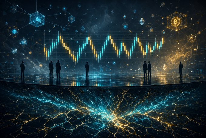 A digital artwork depicting silhouettes of people standing on a circular platform beneath floating candlestick charts and cryptocurrency logos (including Bitcoin), with a glowing network of blue and gold light patterns below.