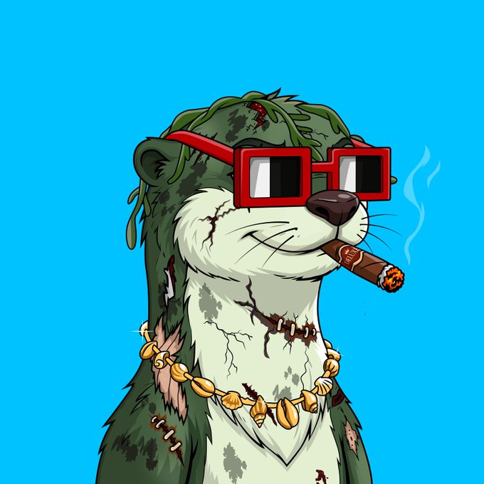 A digital illustration of a green, scarred otter or weasel character wearing red 3D-style glasses, a beaded necklace, and smoking a lit cigar against a bright blue background.