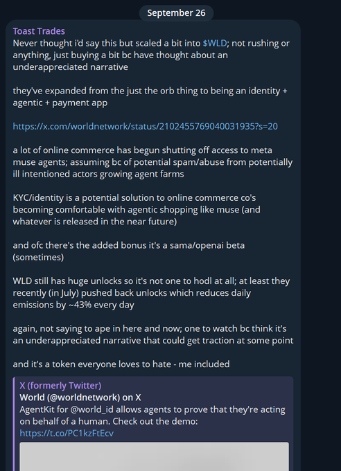 A September 26 post from Toast Trades on World discussing the Worldcoin ($WLD) token, highlighting its evolution into an identity, agentic, and payment app, potential KYC solutions for agentic commerce, and reduced daily emissions (~43% cut). The post ends with a link to World Network's AgentKit demo on X, supporting the caller's bullish thesis on WLD around $0.48.