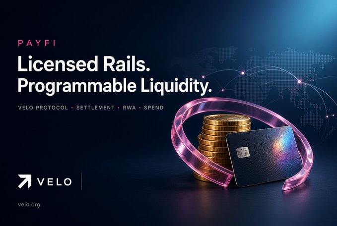 A promotional banner for Velo's 'PAYFI' featuring the tagline 'Licensed Rails. Programmable Liquidity.' with text indicating 'VELO PROTOCOL • SETTLEMENT • RWA • SPEND' and the website velo.org, alongside a stack of gold coins and a holographic credit card.