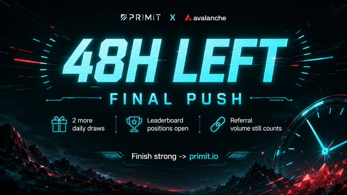 A futuristic cyan-and-red promotional graphic announces "48H LEFT" and "FINAL PUSH" for PRIMIT × Avalanche, featuring icons highlighting "2 more daily draws," "Leaderboard positions open," and "Referral volume still counts," alongside a countdown clock and a call to "Finish strong → primit.io"—directly mirroring the post's urgency about Season 1 ending in two days with final chances for daily drops, leaderboard rewards, and referral volume toward the $50K pool.