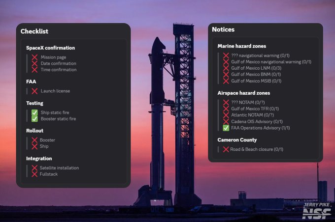 An informational graphic shows a SpaceX rocket on a launch pad against a purple and pink sunset. Two panels display checklists: the left 'Checklist' shows mostly red 'X' marks for SpaceX confirmation, Rollout, and Integration, while the right 'Notices' panel shows various warnings and advisories for marine and airspace hazard zones.