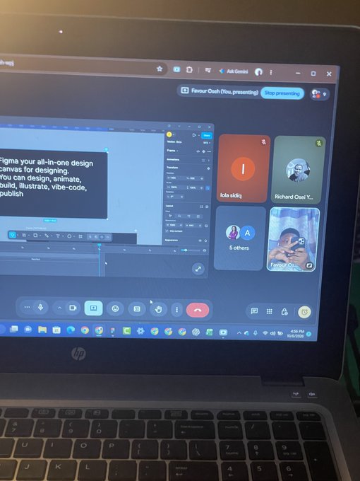 An HP laptop screen displays a Figma video call session showing a design canvas with the text 'Figma your all-in-one design canvas for designing. You can design, animate, build, illustrate, vibe-code, publish.'