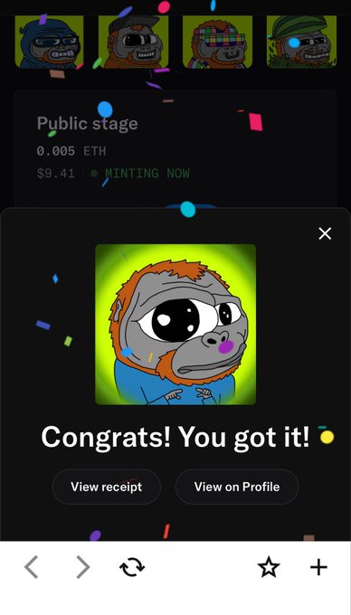 A mobile screenshot similar to the first, showing an OpenSea NFT mint confirmation "Congrats! You got it!" for a "Public stage" collection at 0.005 ETH ($9.41), with multiple cartoon monkey avatars visible at the top.