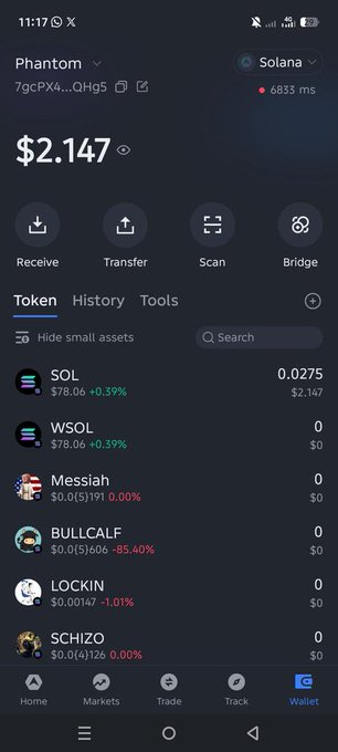 The image shows a Phantom crypto wallet on the Solana network displaying a balance of $2.147 for SOL (0.0275 SOL at $78.06), alongside several other held tokens including WSOL, Messiah, BULLCALF, LOCKIN, and SCHIZO. The post's lament of "From $19 to $2" reflects how this current $2.14 wallet balance represents a dramatic loss from a previous $19 value, visually capturing the painful decline the user is describing.