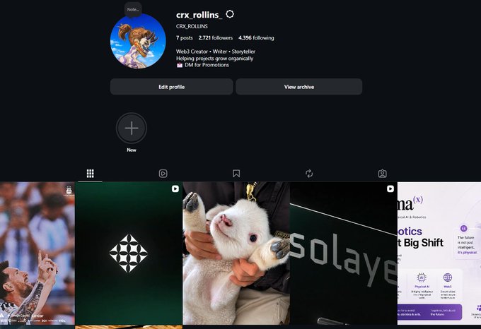 An Instagram profile page for 'crx_rollins_' showing 7 posts, 2,721 followers, with the bio 'Web3 Creator • Writer • Storyteller'.