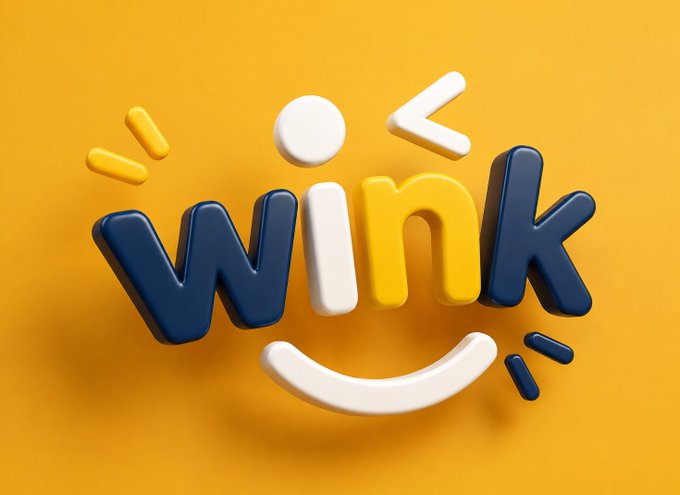 The image displays the word "WINK" in bold, 3D-style navy blue and yellow lettering on a bright yellow background, accompanied by playful accent marks and a curved white smile beneath the text—visually conveying a friendly, energetic tone. This branding aligns with the post's promotion of @WINkLink_Oracle as a cheerful, approachable oracle solution that simplifies Web3 data integration for builders.