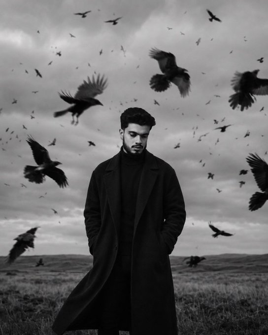 A black-and-white image of a man in a dark coat standing in a field, surrounded by numerous birds in flight, serving as a moody visual accompaniment to a post about Ethra Ship's development of maritime asset access.