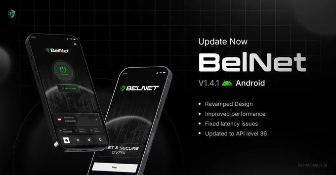 A promotional graphic for BelNet V1.4.1 Android update, highlighting a revamped design, improved performance, fixed latency issues, and updated to API level 36.