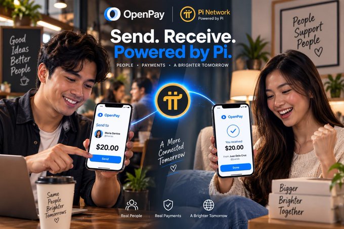 Promotional image for OpenPay powered by Pi Network, showing two people holding phones displaying a $20.00 send/receive transaction with the slogans 'Send. Receive. Powered by Pi' and 'A More Connected Tomorrow.'