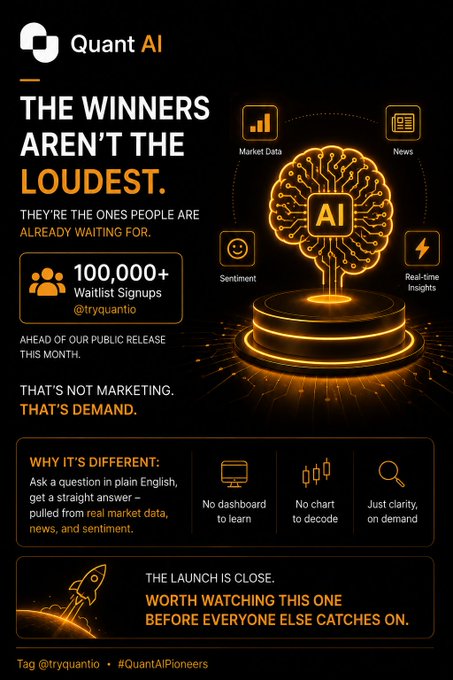 A promotional graphic for "Quant AI" stating "THE WINNERS AREN'T THE LOUDEST" with 100,000+ waitlist signups, highlighting features like market data, news, sentiment, and real-time insights.