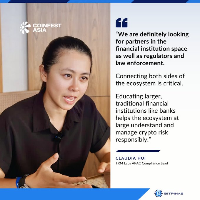 An interview graphic from CoinFest Asia featuring Claudia Hui, TRM Labs APAC Compliance Lead, with a quote about seeking partners in the financial institution space and educating traditional banks on crypto risk.