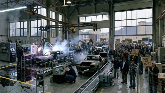 An illustrated scene of an automotive factory interior with workers welding car frames, sparks flying, and a crowd of people holding protest signs reading 'DIGNITY FOR OUR FACTORY' and 'DIGNITY FOR WORKERS'.