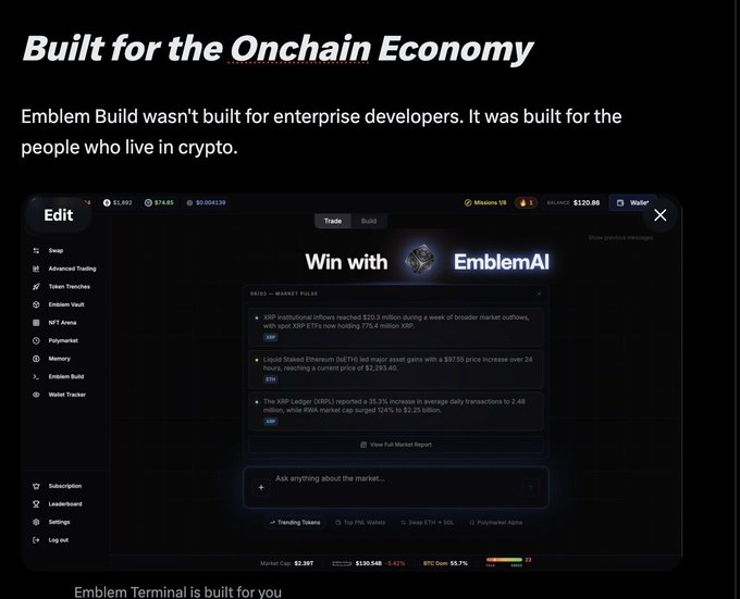 The image shows a black screen displaying information about an app called EmblemVault, which was built for the Onchain Economy. The text "Built for the ONCHAIN ECONOMY" indicates that this app was designed with the economy of the blockchain in mind. This description helps us understand that the app is intended to cater to the specific needs and requirements of the Onchain Economy.