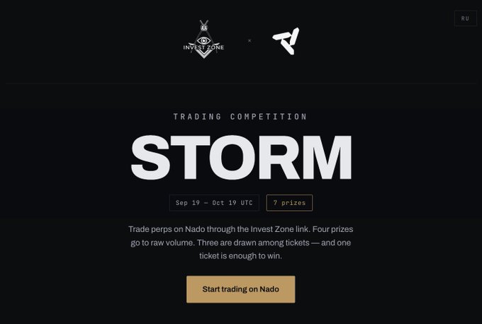 A promotional banner for a 'STORM' Trading Competition running from Sep 19 to Oct 19 UTC with 7 prizes, featuring logos for 'INVEST ZONE' and 'Nado' and a 'Start trading on Nado' button.