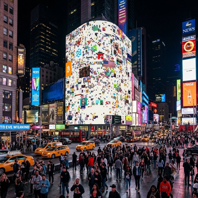 A vibrant nighttime cityscape of Times Square in New York City, showing crowded streets with yellow taxis, pedestrians, and massive illuminated digital billboards and advertisements on towering buildings.