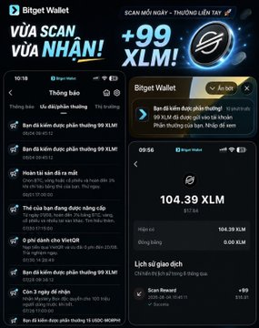 Bitget Wallet promotional graphic in Vietnamese advertising 'VỪA SCAN VỪA NHẬN +99 XLM' rewards, showing screenshots of the wallet app interface.