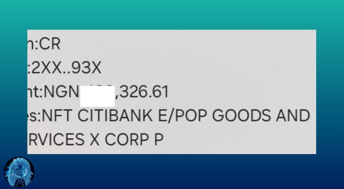 The image shows a bank notification crediting an NGN (Nigerian Naira) account with an amount of [redacted]/326.61 from "CITIBANK E/POP GOODS AND SERVICES X CORP P," suggesting a payment received. This supports the post's claim of earning income, with the tweet referencing entering a "6 figure tek" (likely a heavily anticipated tech IPO payout) amid recent market chaos.