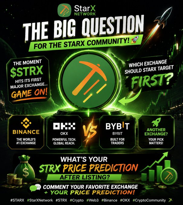 A promotional graphic for StarX Network featuring a glowing green STRX logo with a rocket, asking community members to vote on whether Binance, OKX, Bybit, or another exchange should be $STRX's first major listing target, while also sharing their price prediction for the token.