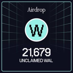 An "Airdrop" card for the WAL ticker on Walrus displays a pixelated "W" logo with "21,679" unclaimed WAL tokens featured against a dark grid background, visually tying into the post's mention of Walrus Protocol's past community airdrops and hinting at a potential future distribution.